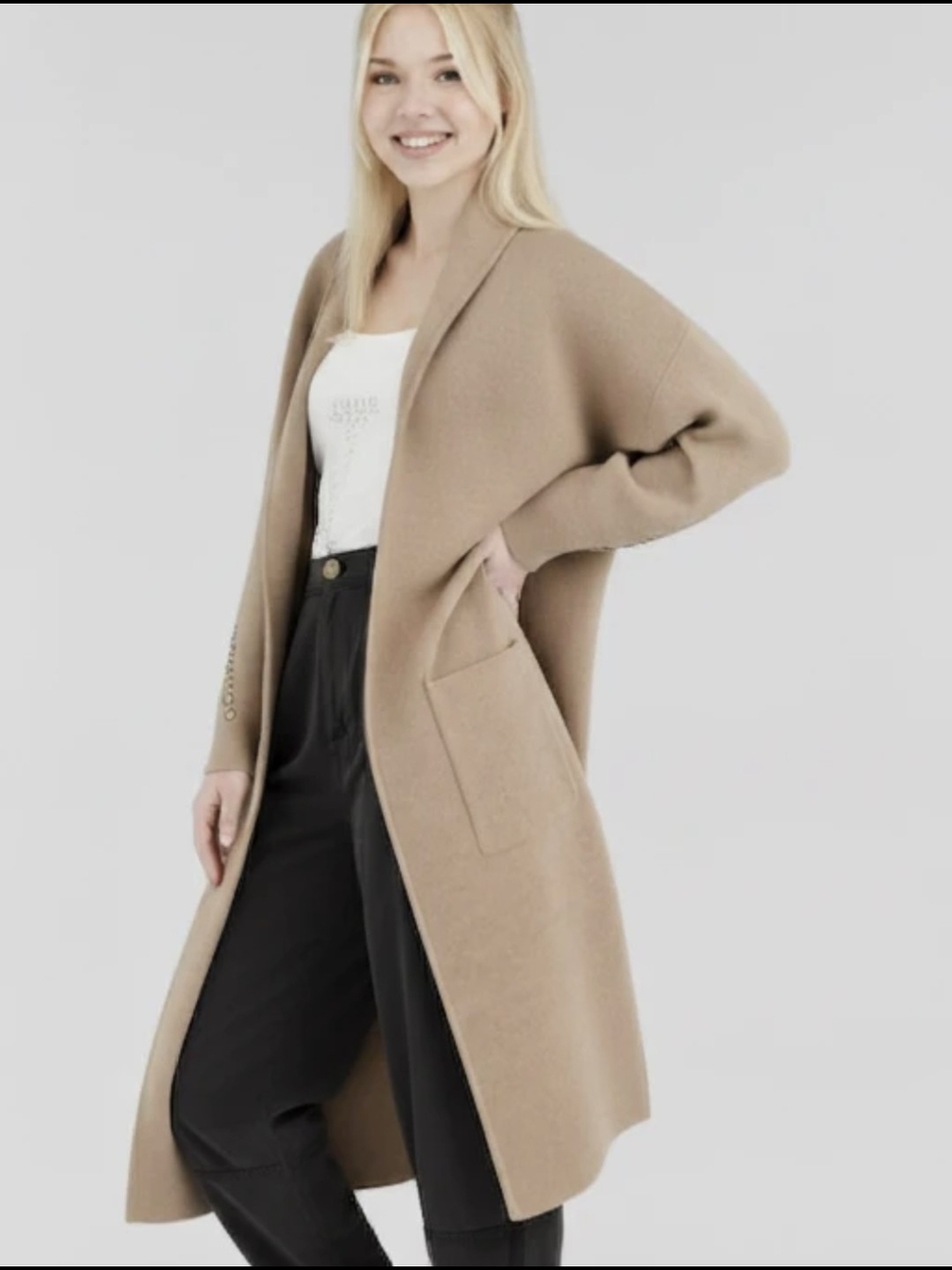 Mango Long Open-Front Pocket Cardigan in Beige